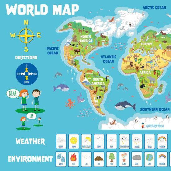 World Map Wall Display with Animals for Early Years School
