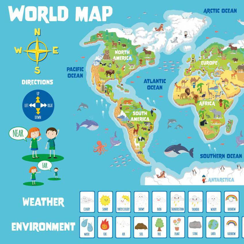World Map Wall Display with Animals for Early Years School