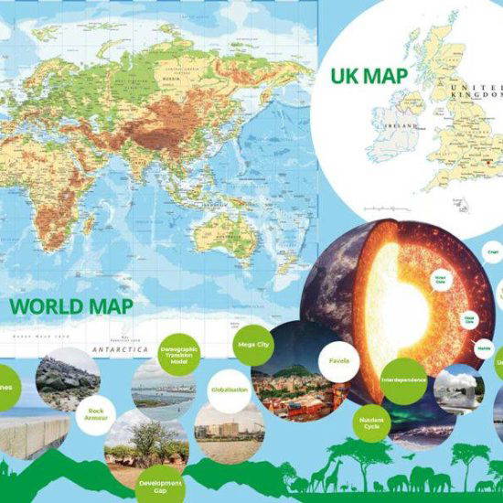Topographical World Map and UK Map for Schools