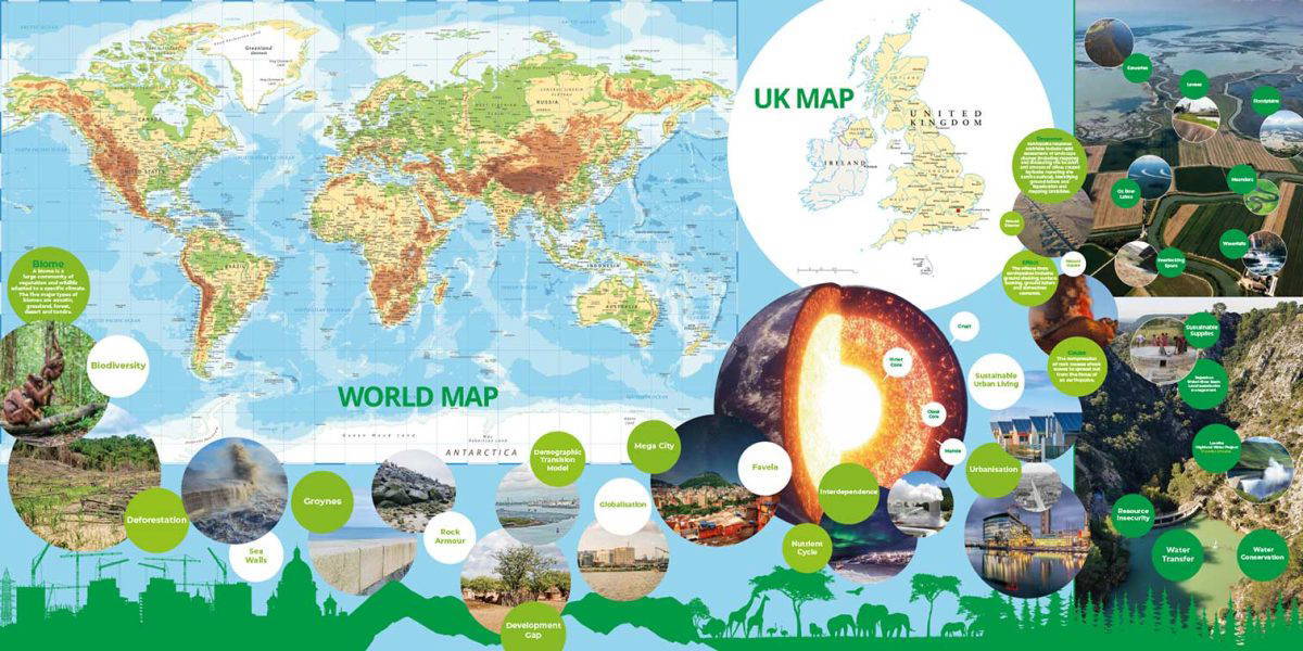 Topographical World Map and UK Map for Schools