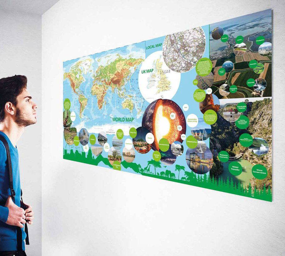 Customisable World, UK and Local OS Map Wall Display for Secondary Schools
